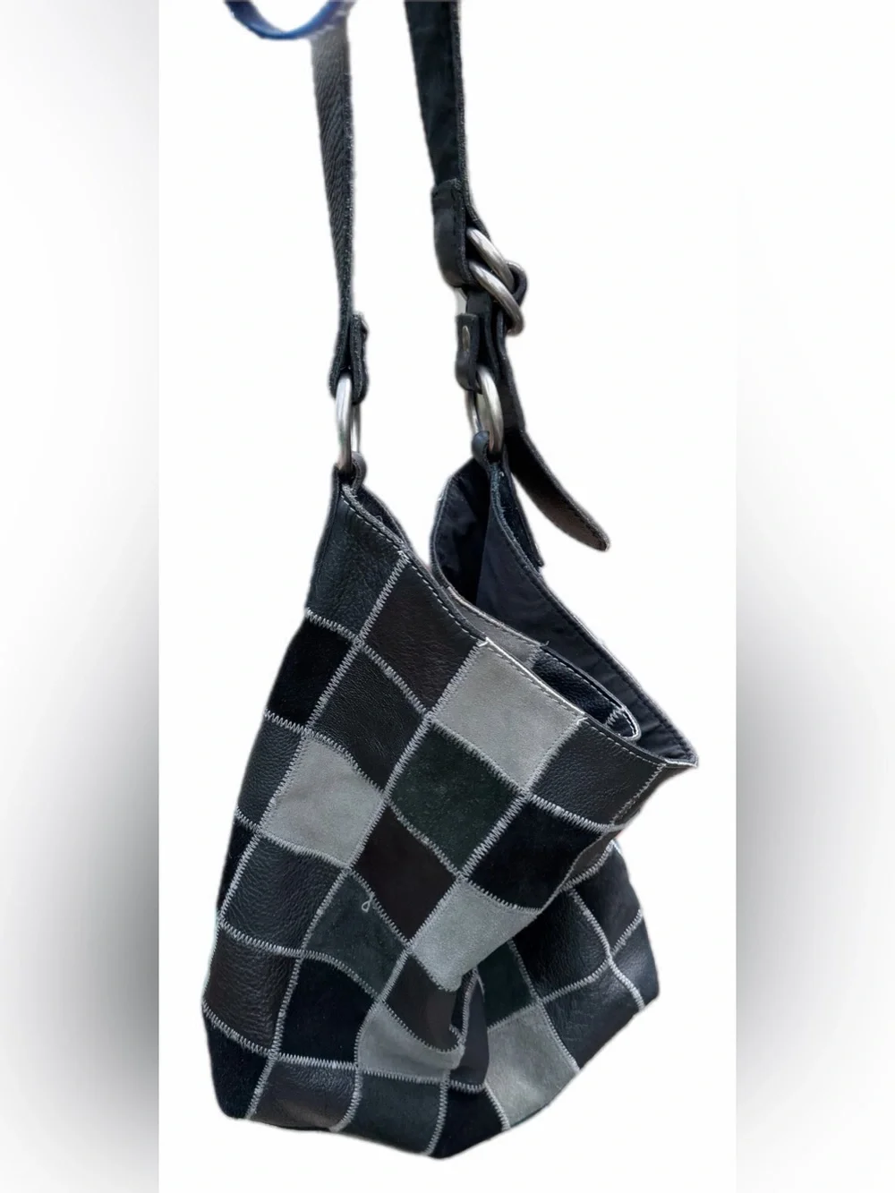 Lucky Brand Black Gray Patchwork Leather Suede Hobo Shoulder Bag Boho Y2K